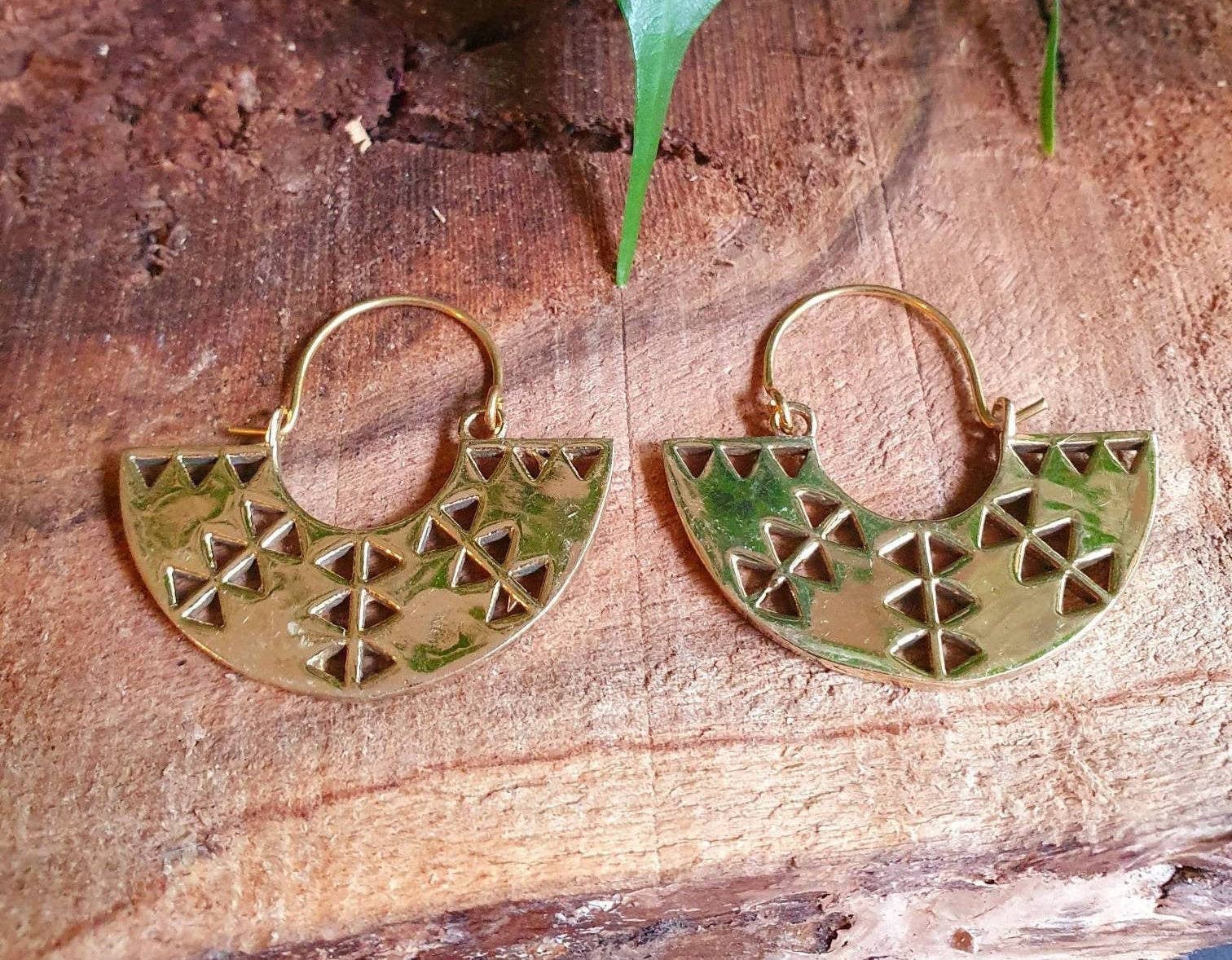 Kaali Boutique - Wholesale Hoop Earrings - Aztec Inca Style Brass Earrings; Ethnic, Geometric, rustic, yoga, hippie, gypsy, pretty, psy, boho, bohemian, festival1