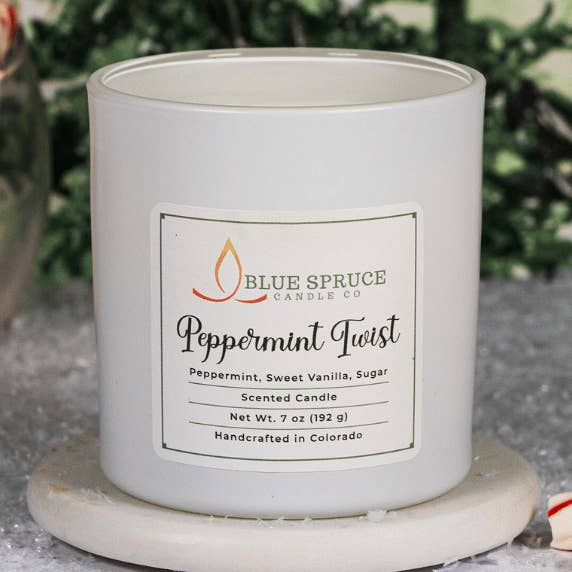 Peppermint Twist Holiday Scented Candle in 9oz Jar & 3oz Jar for wholesale by Blue Spruce Candle Company