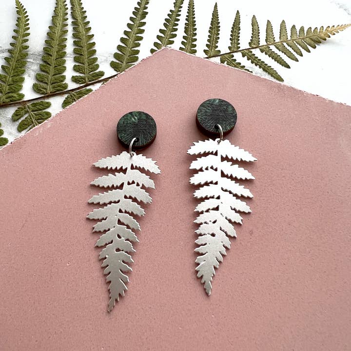 Silver Fern Leaf Statement Drop Earrings for wholesale by MicaPeet