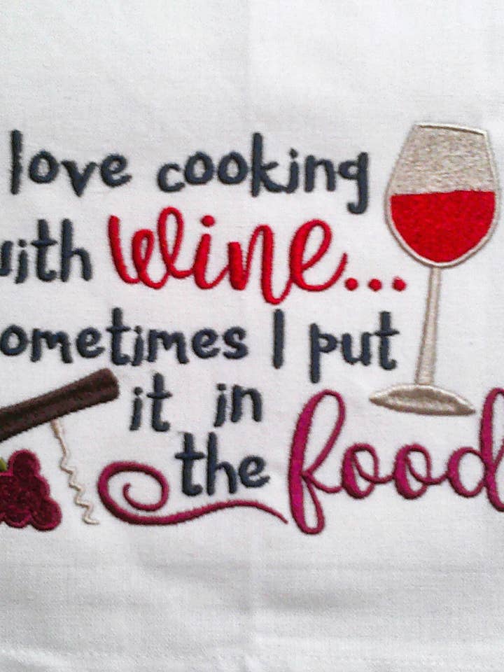 Cooking with Wine Tea Towel for wholesale by Red Mitten