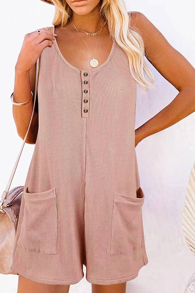 UNISHE - Vente Combishort – femme - Barboteuse gaufrée boutonnée sans manches avec poches ZZKF7298