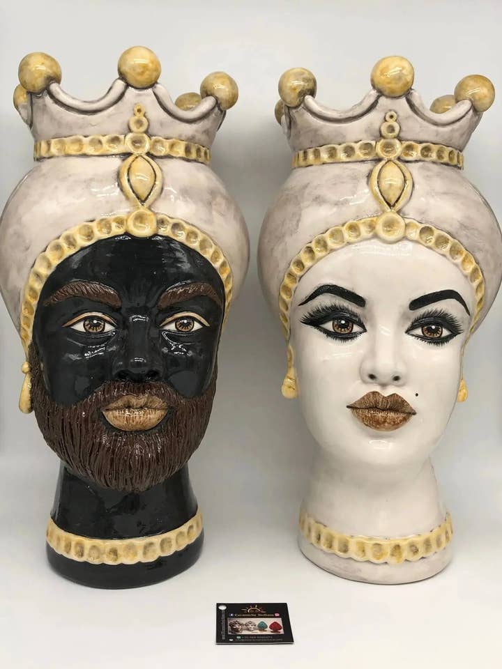 Luis Caltagirone Ceramic Moor's Heads cm H.44 L.23 Handcrafted Smooth Yellow Ecru Turban for wholesale by DD Ceramiche Siciliane