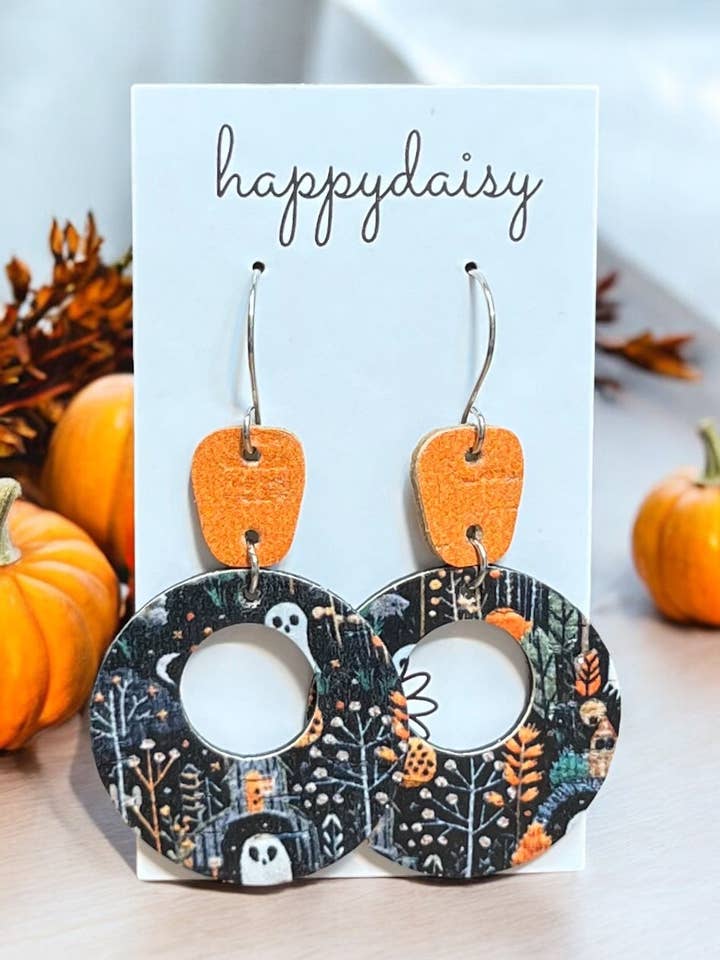 Halloween Print Orange sort kork på læder „Mandy“ øreringe for engroshandel hos happydaisy