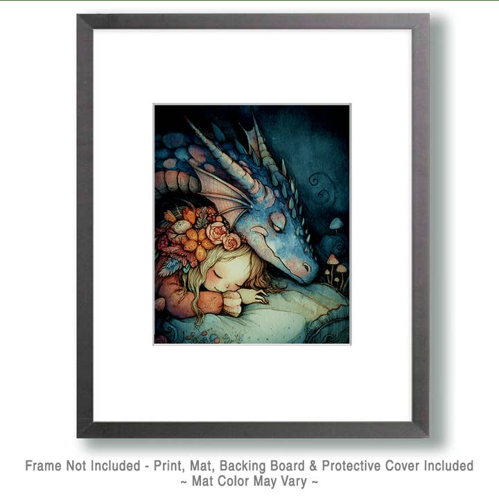 Mowbi - Wholesale Art Print - Fairy Sleeping with Her Pet Dragon Art Print - Fairies 8"x10" Artwork for 12"x14" Frame