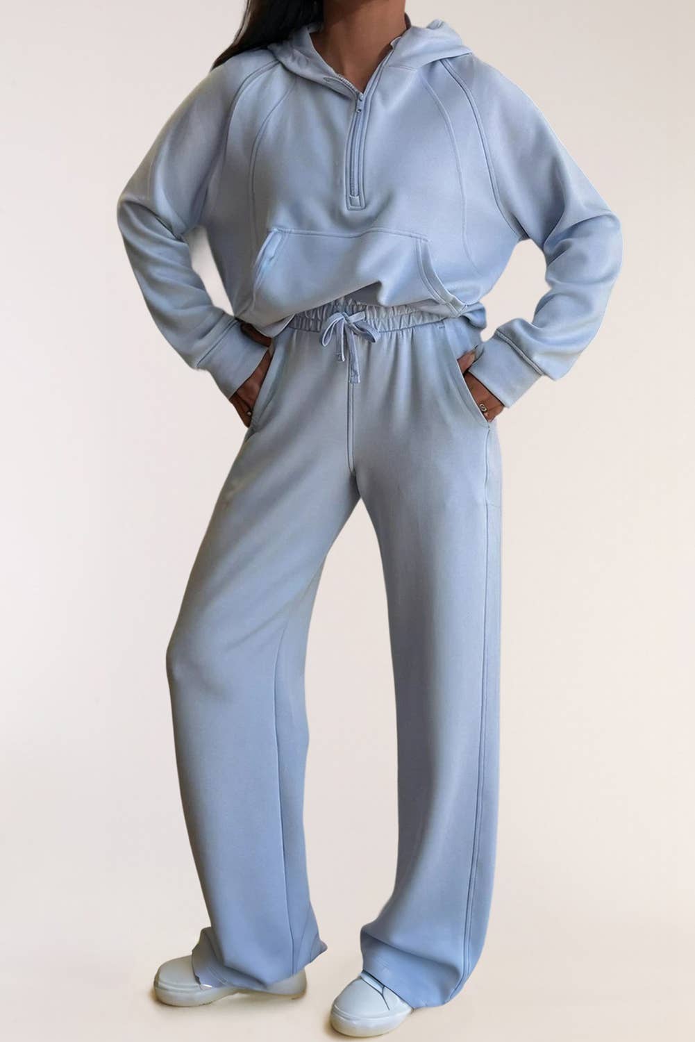 LA Society - Vente Ensemble de sport – femme - Ensemble 2 pièces : Sweat à capuche demi-zippé avec manches à passe-pouce et pantalon actif0