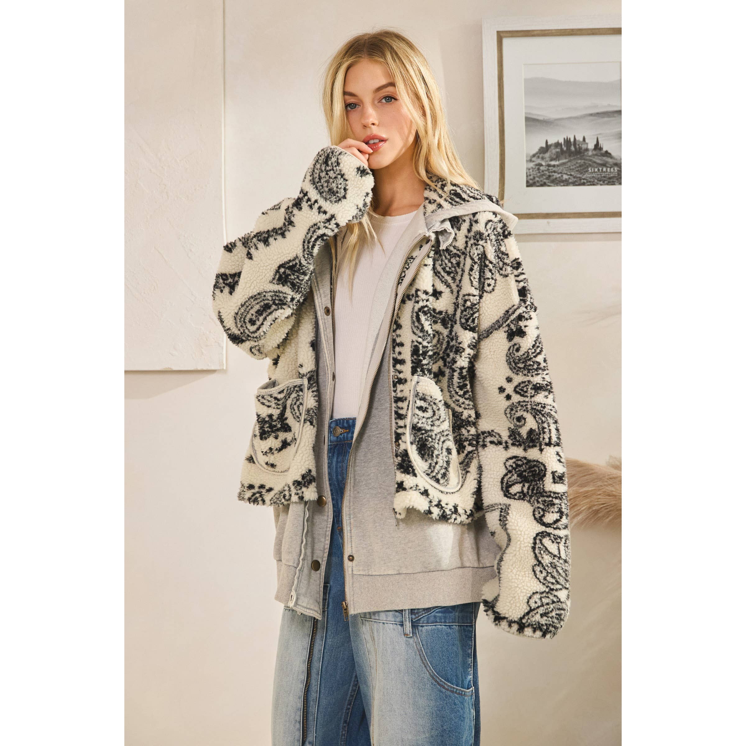 GREY CREAM TERRY FLEECE MIX ZIP FRONT JACKET for wholesale on Faire6