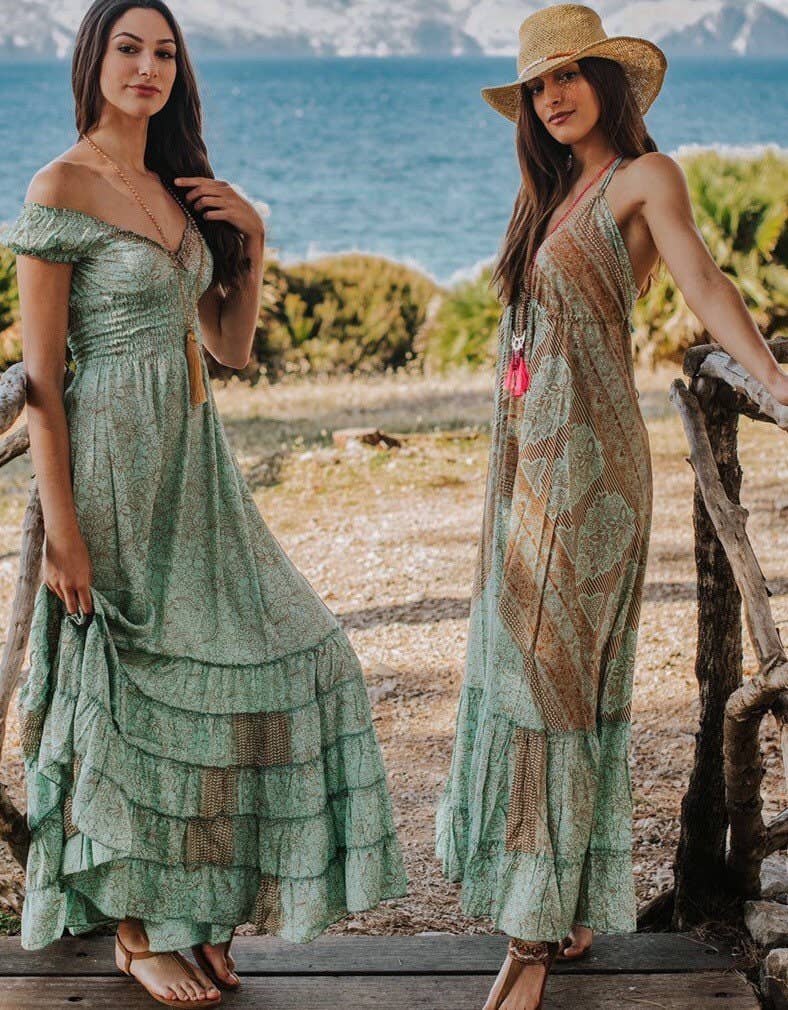 Miss Kitsch - Wholesale Dress - Women's - IBIZA DRESS Boho Long Silk Dress, Sea Green and Gold7