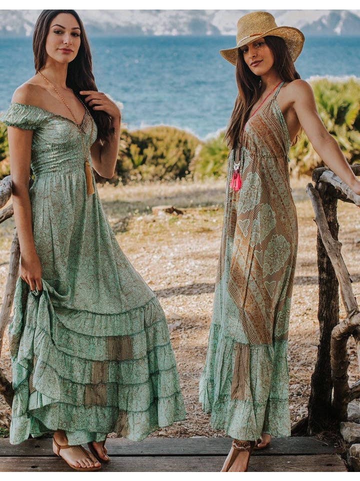 Miss Kitsch - Wholesale Dress - Women's - IBIZA DRESS Boho Long Silk Dress, Sea Green and Gold7