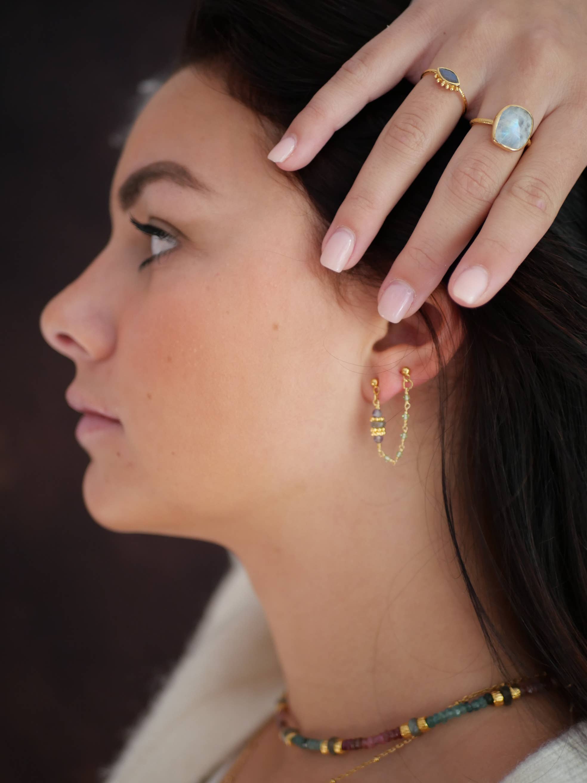 GINANDGER - Vendita all'ingrosso Orecchini pendenti - Orecchini doppi collegati da catena in acciaio inox con peridoto, labradorite e ametista1