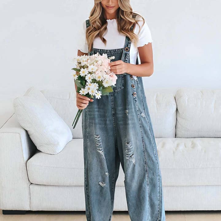 Women's Wide Leg Jumpsuit with Ripped Details Denim Overalls for wholesale by EmberLoom