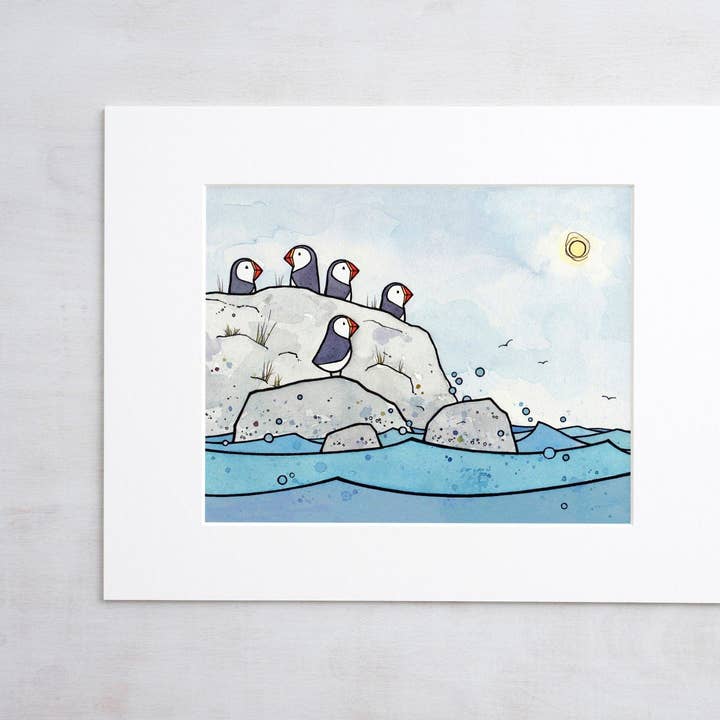 Impresión artística de 5 frailecillos, ilustración de pájaros en tinta y acuarela para venta al por mayor de Studio Tuesday