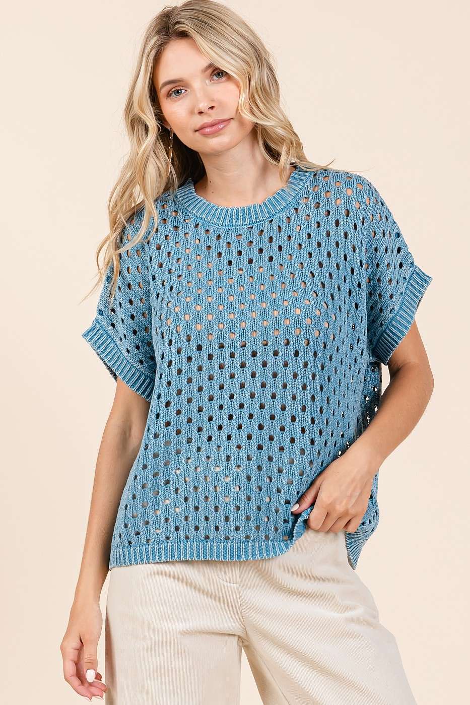 mittoshop – Großhandel Strickpullover – Damen – Mineral-waschgestricktes Kurzarm-Pullover-Top mit Lochmuster31