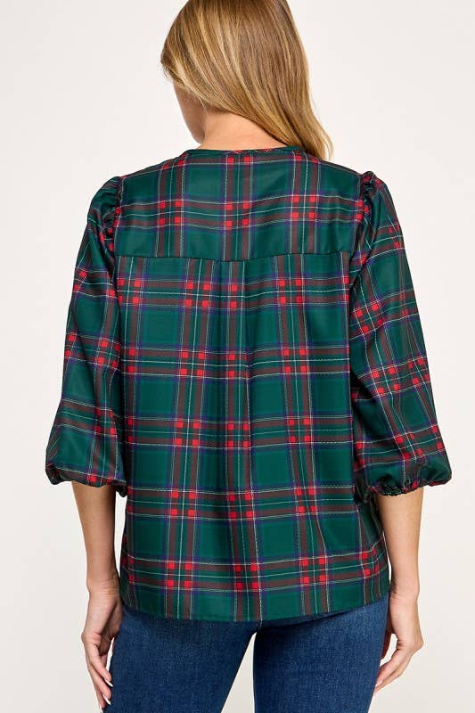 MintChoco - Wholesale Screen Printed T-Shirt - Women's - Plaid Holiday tie front blouse22