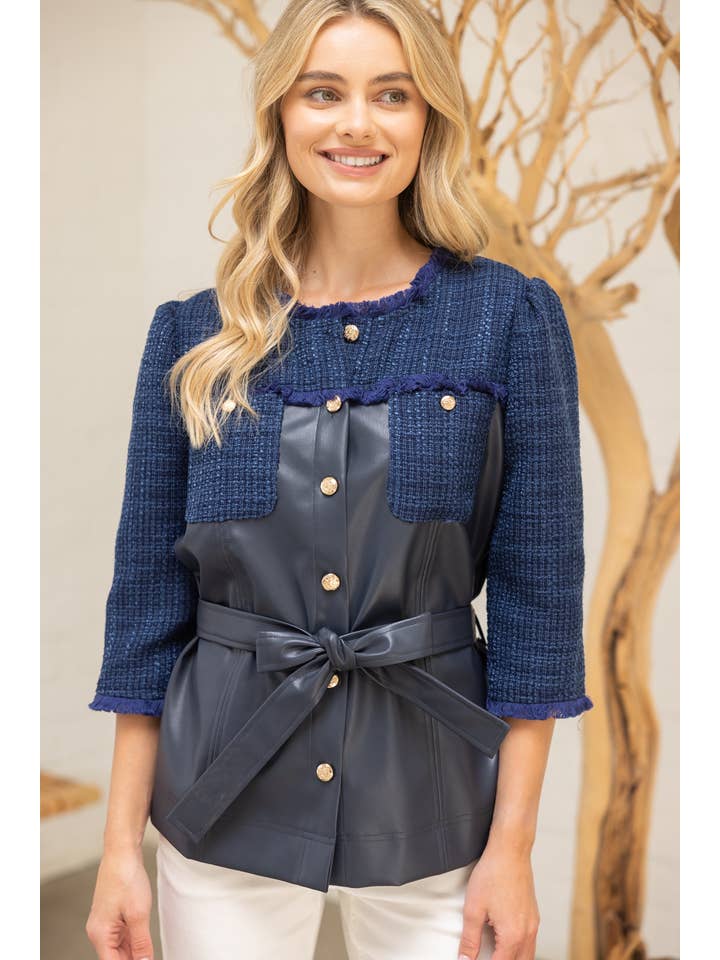 Navy 35949 Belted Solid Tweed and Faux Leather Jacket for wholesale on Faire1