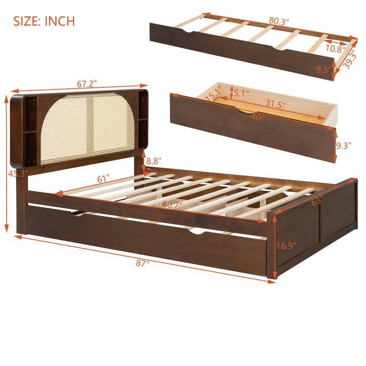 HOMYCASA DESIGN INC - Wholesale Bed - Queen Size Rattan Headboard Bed with Two Drawers and Trundle, Walnut12