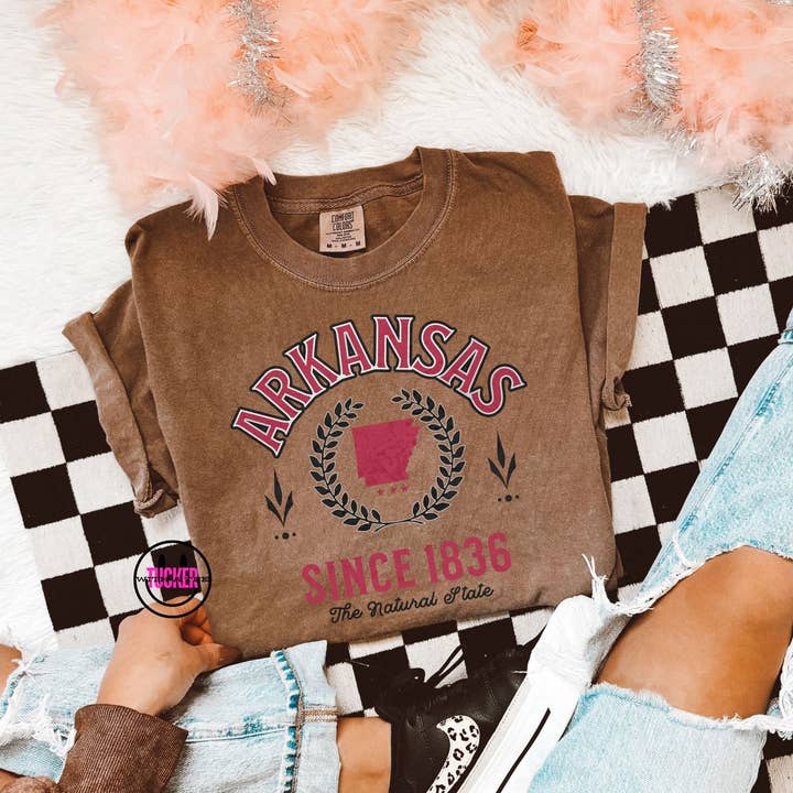 ARKANSAS VINTAGE VARSITY TEE - COMFORT COLORS for wholesale by Tucker with a Tee