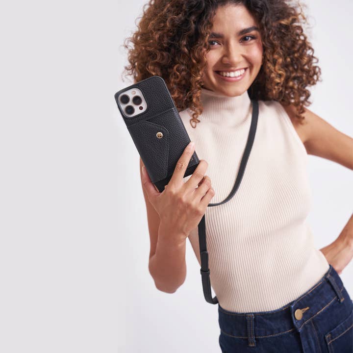 Louve Collection - Wholesale Phone wallet – women's - Zoë Black Leather Phone Case Wallet & Matching Strap24