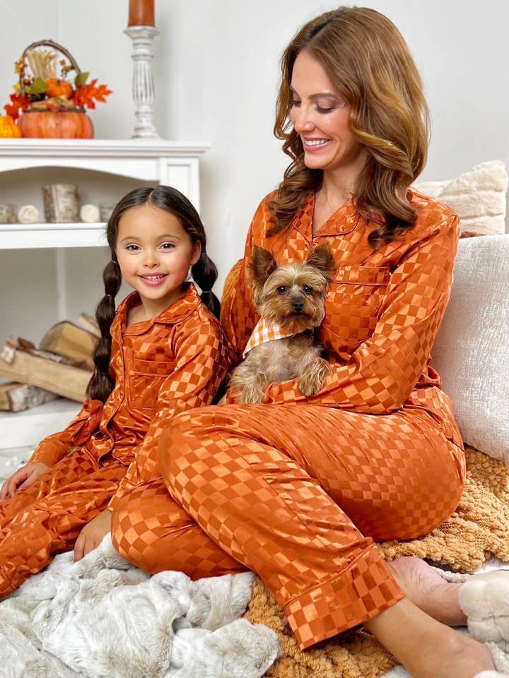 Orange Mommy and Me Pumpkin Spice Checkered Silk Pajamas for wholesale on Faire4
