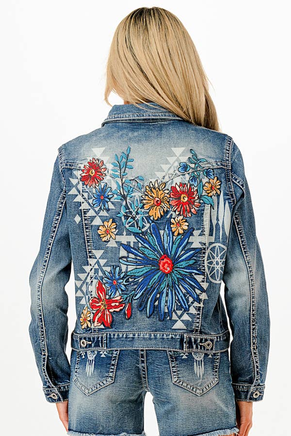 Grace in LA - Wholesale Denim Jacket - Women's - Floral Embroidery Detail Denim Jacket | TE-61965