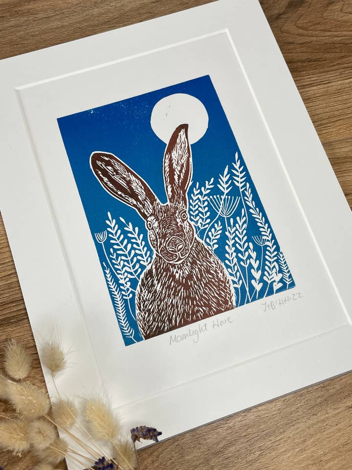 Moonlight meadow hare original mammal Linocut print for wholesale by Jackdaw and Bear
