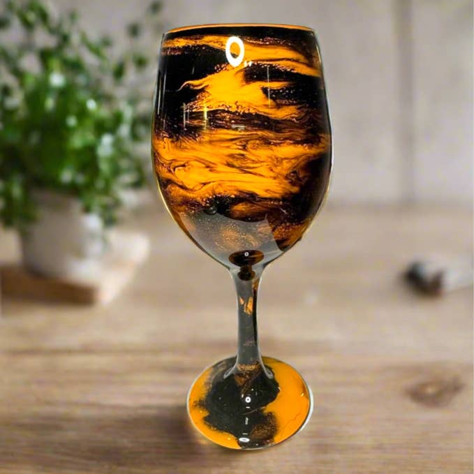 Whimsy and Willow - Wholesale Wine Glass - Orange and Black Swirl Wine Glasses and Drinkware-Handmade