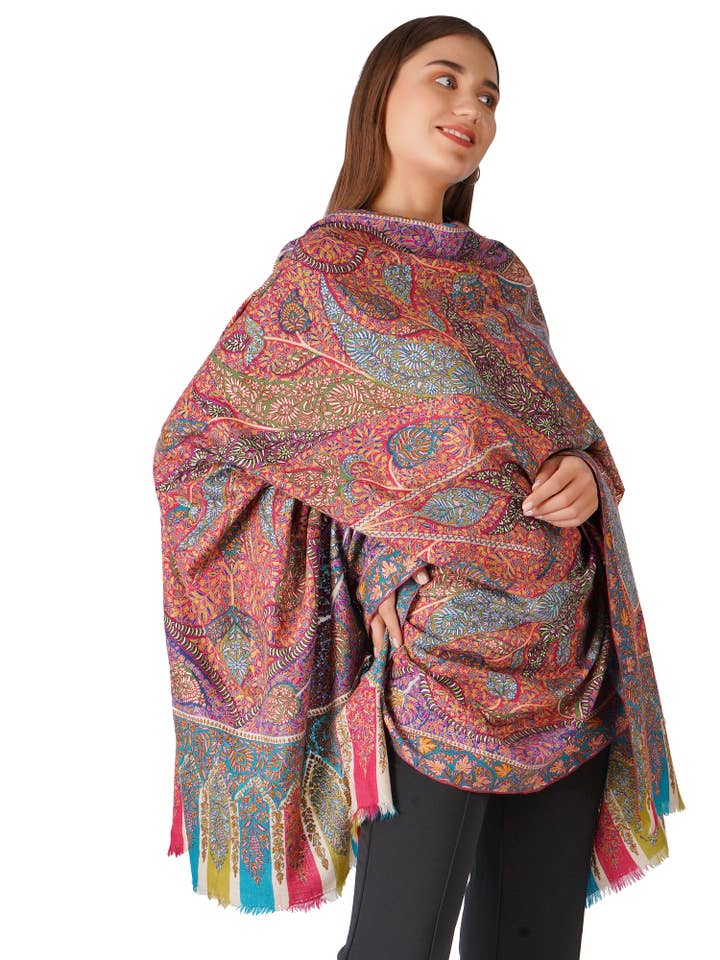 Luxurious Pashmina Shawl with Hand Sozni Embroidery Designs - Multi Color for wholesale by PASHWRAP