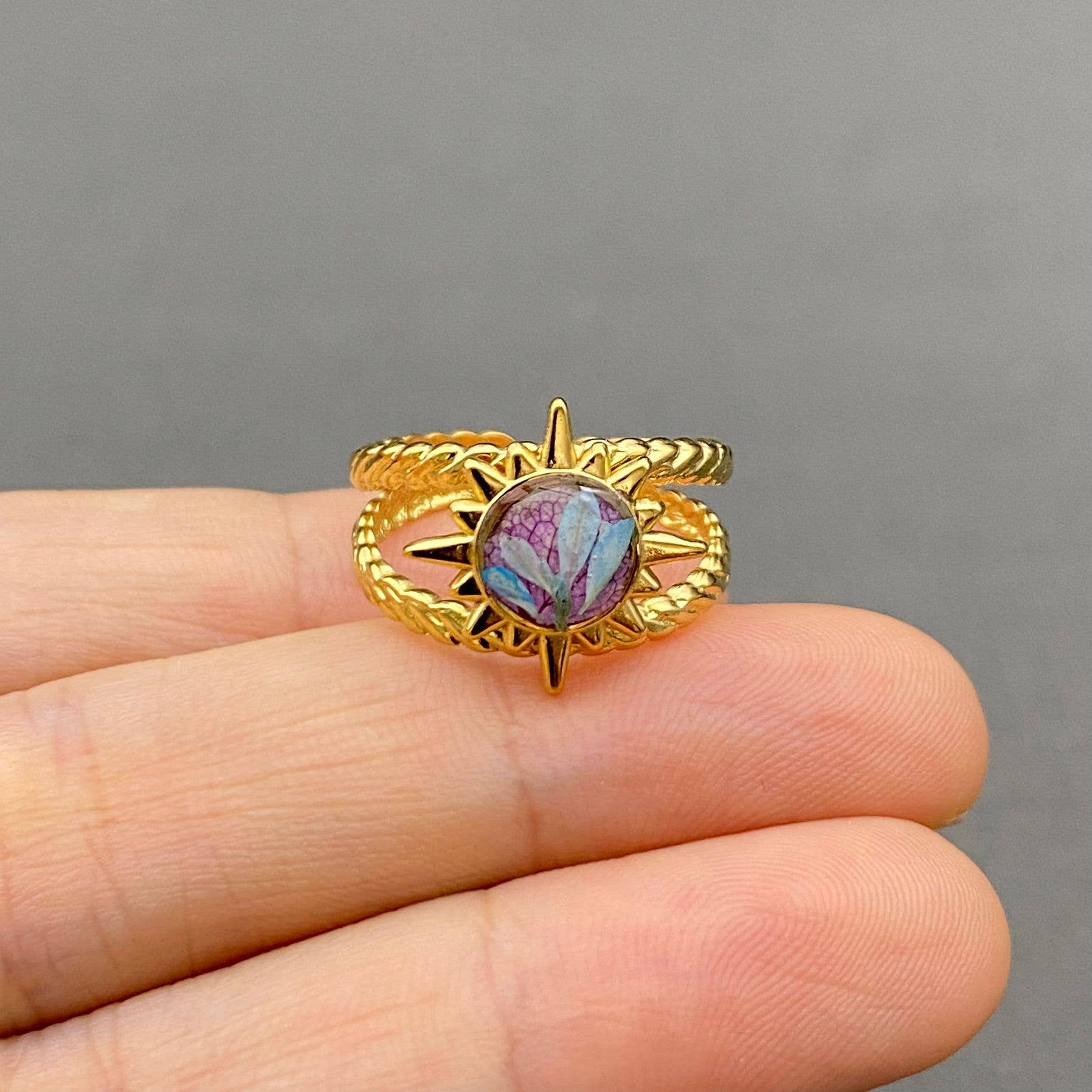 Mio Queena - Wholesale Cocktail/Statement Ring - Dried Flower 18K Gold Plated S.Steel Adjustable Ring - FGS/PDF5