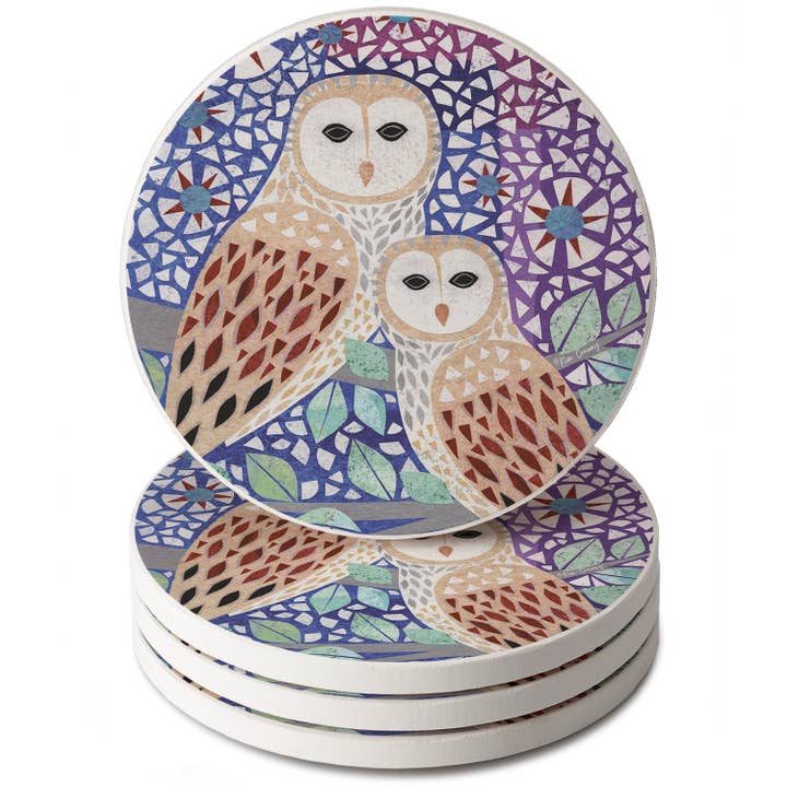 "Owl Collage" 4 Pack Round Absorbent Stone Coasters for wholesale by CounterArt/Highland Home/Thirstystone