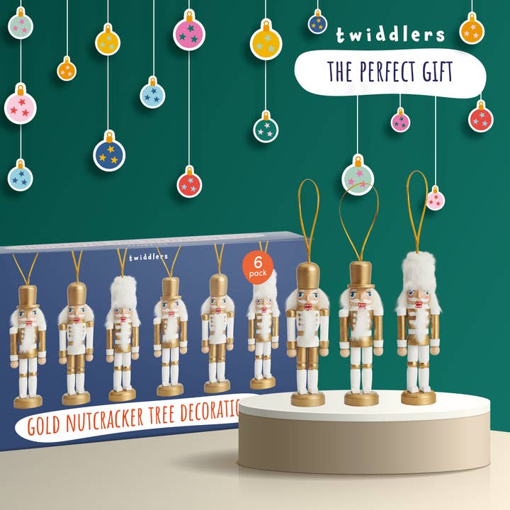 The Twiddlers - Wholesale Ornament set - 6 Gold Wooden Christmas Nutcracker Soldier Ornaments, 10cm /2