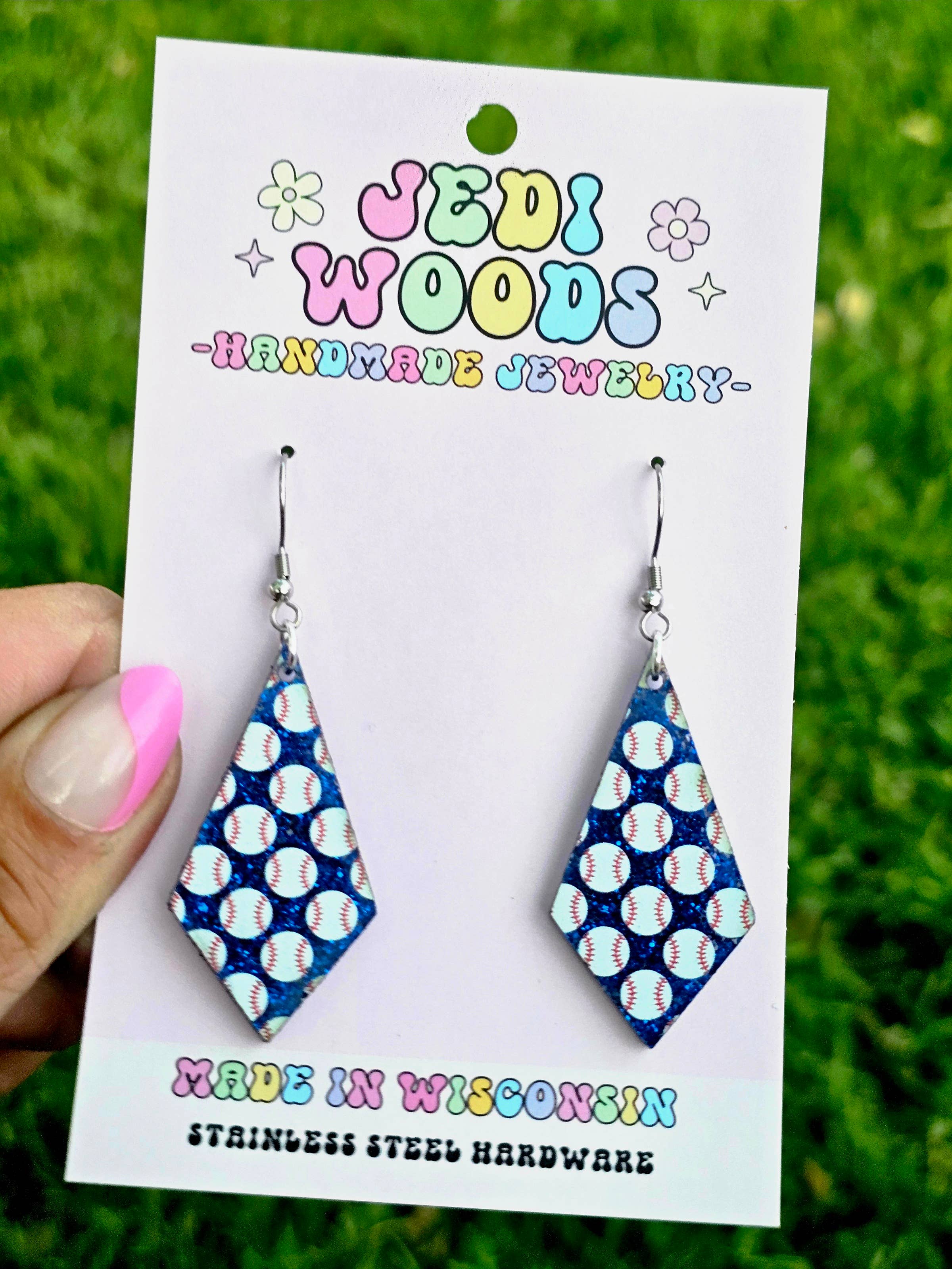 Jedi Woods LLC - Venta al por mayor Pendientes colgantes - Aretes de diamantes de béisbol con purpurina azul2