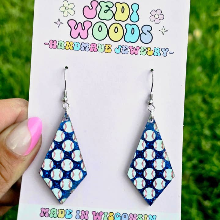 Jedi Woods LLC - Venta al por mayor Pendientes colgantes - Aretes de diamantes de béisbol con purpurina azul2