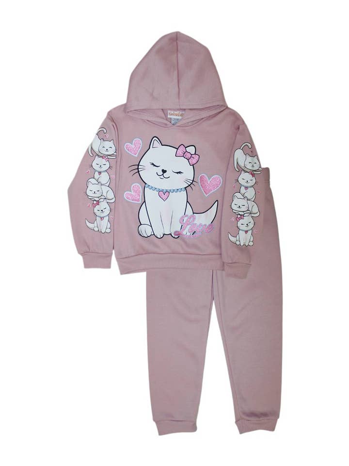 ENSEMBLE DE JOGGING À CAPUCHE POUR FILLES ROSE AVEC CHATON IMPRIMÉ SUR LA POITRINE ET LES DEUX MANCHES-8633504 pour la vente par Hemworld