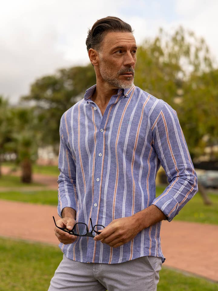 Custi Mikelo - Wholesale Button Down Shirt - Men's - Blue Orange Striped Linen Shirt | Alcudia