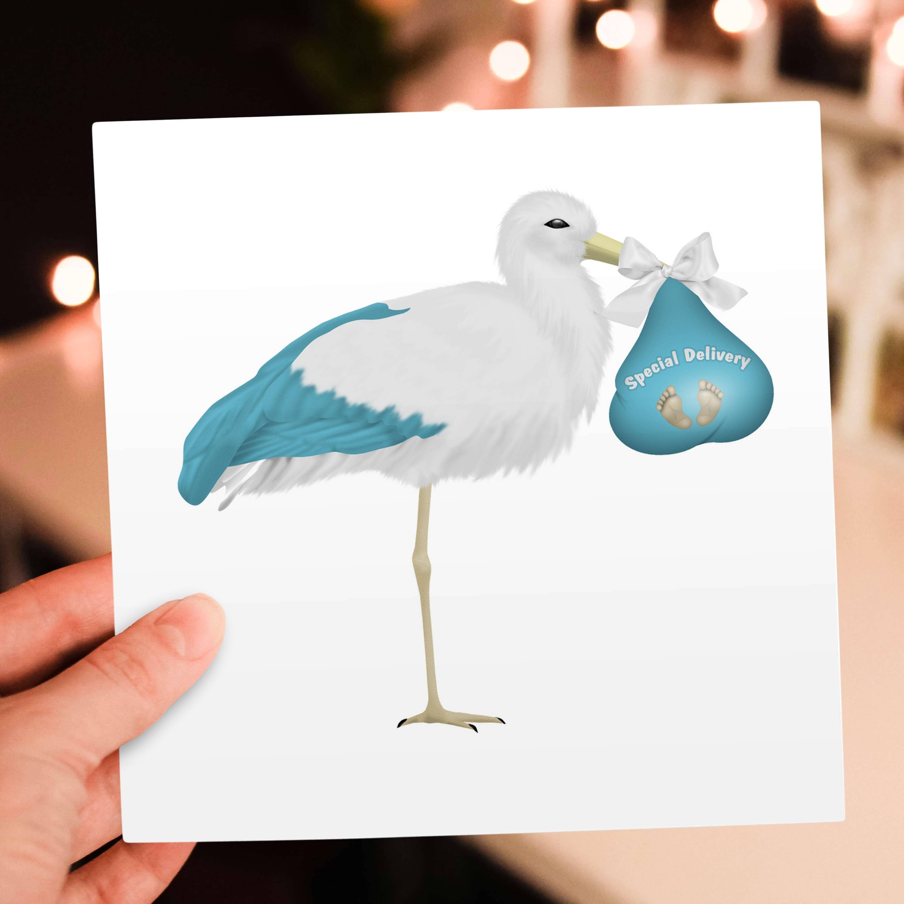 3dRose - Wholesale Everyday Greeting Card - 3dRose, Cute Blue and White Stork Carrying A Baby Illustration, Greeting Card5
