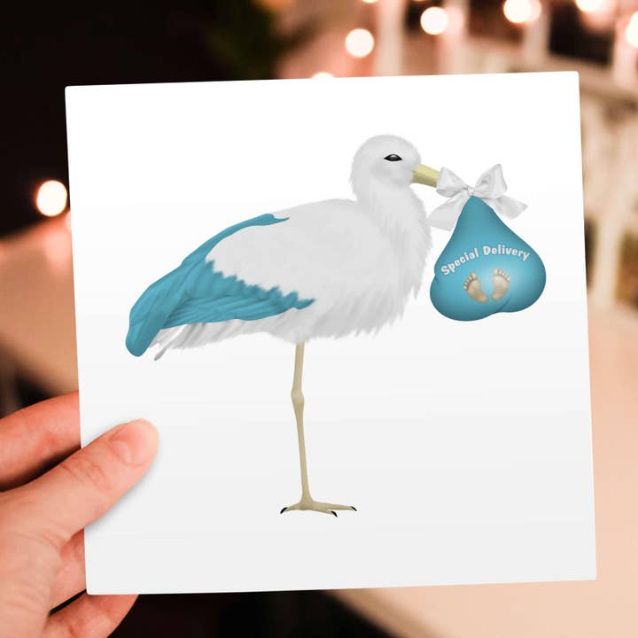 3dRose - Wholesale Everyday Greeting Card - 3dRose, Cute Blue and White Stork Carrying A Baby Illustration, Greeting Card5