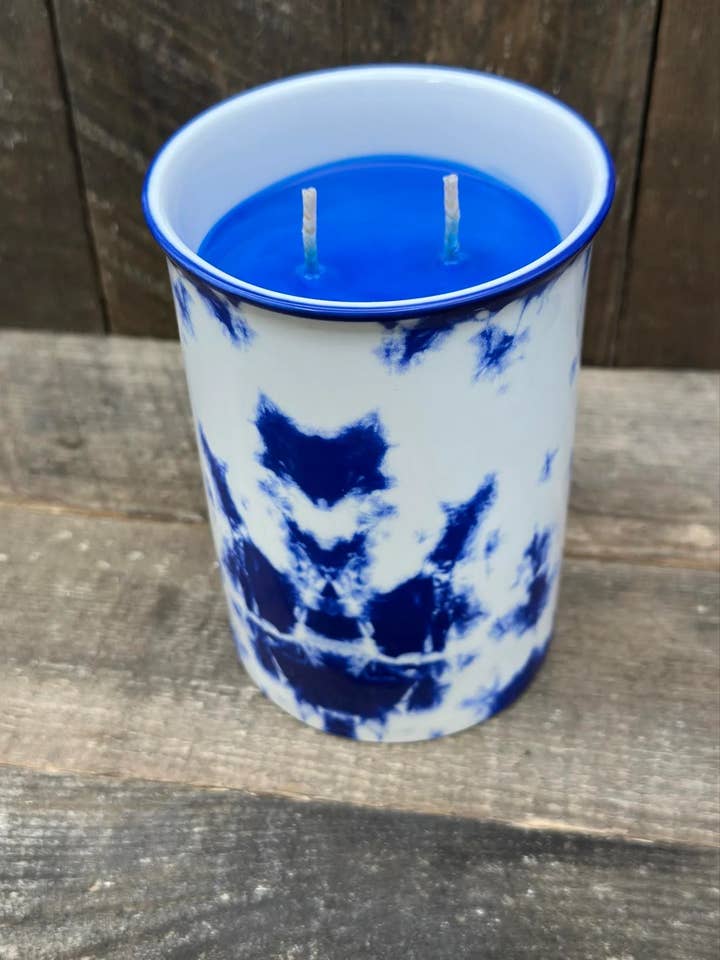 Tie-Dye Blue and White Reclaimed Clean Linen Candle for wholesale by Grand Rapids Candle Company