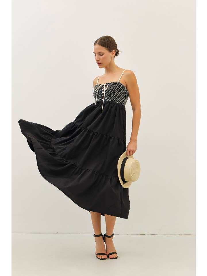 idem ditto - Wholesale Dress - Women's - SPECIAL CONTRAST SMOCKED TIERED MIDI DRESS