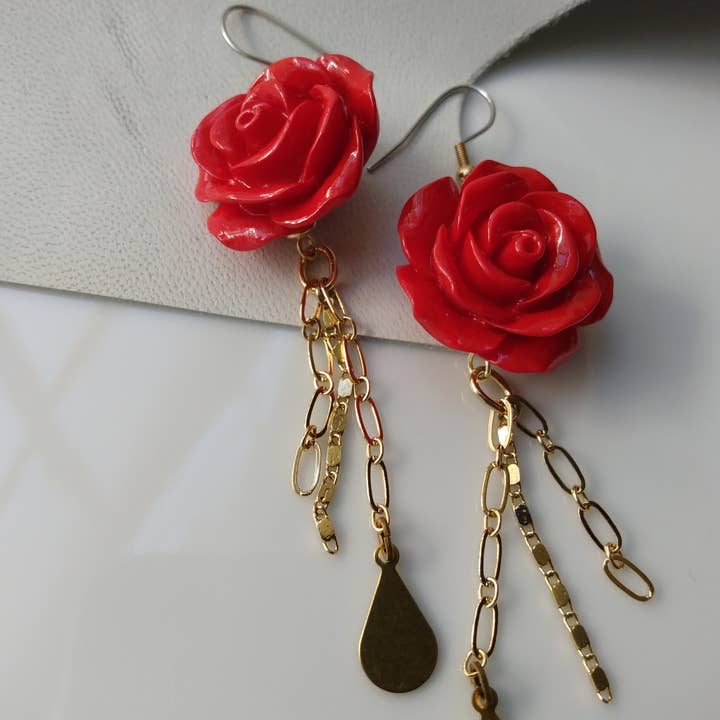 Red Rose Chain Dangle Earrings for wholesale by Norahz Boutique