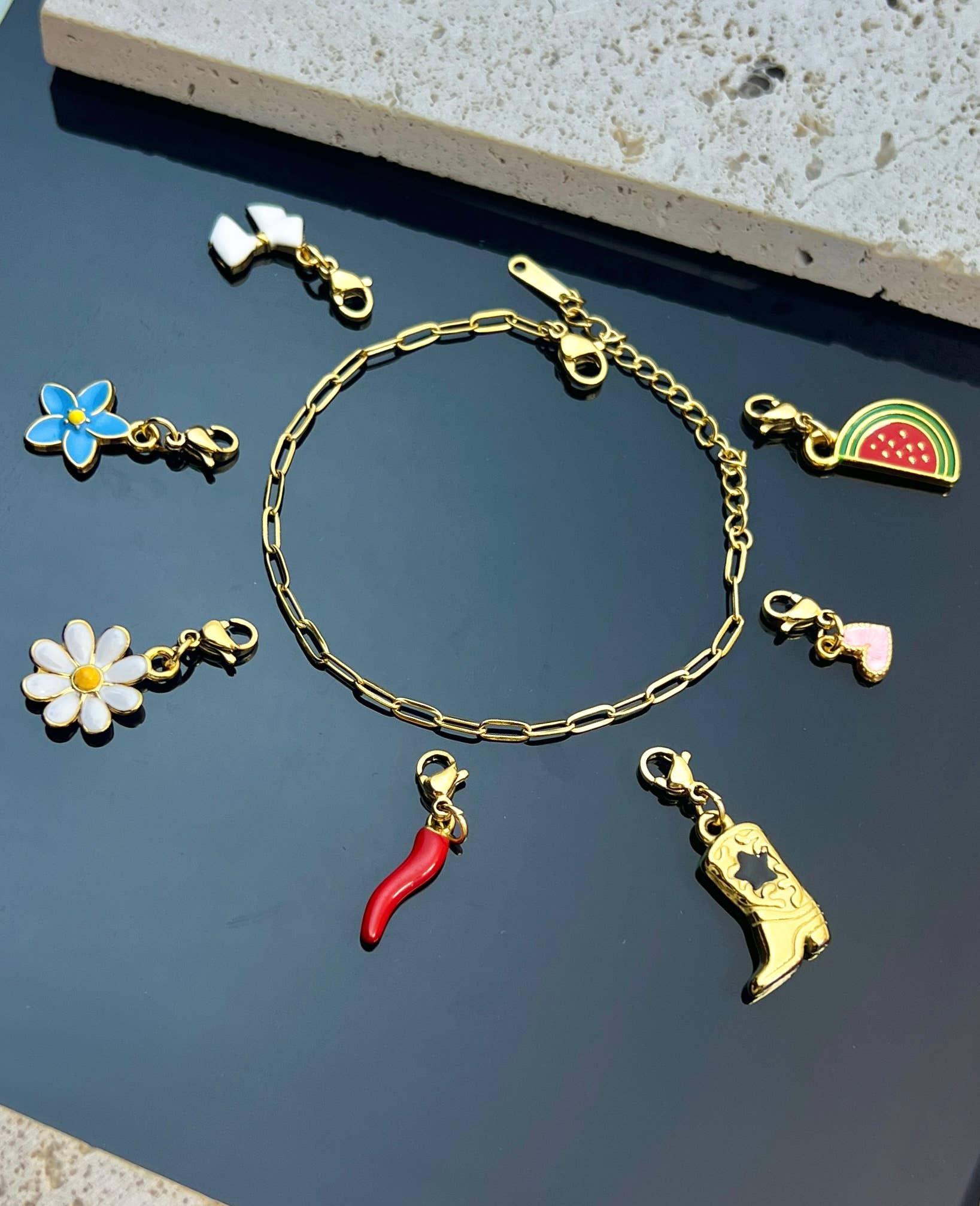 COSMOS - Wholesale Charm/Dangle Bracelet - Simple Rectangular Link Charm Holder Bracelet in Steel