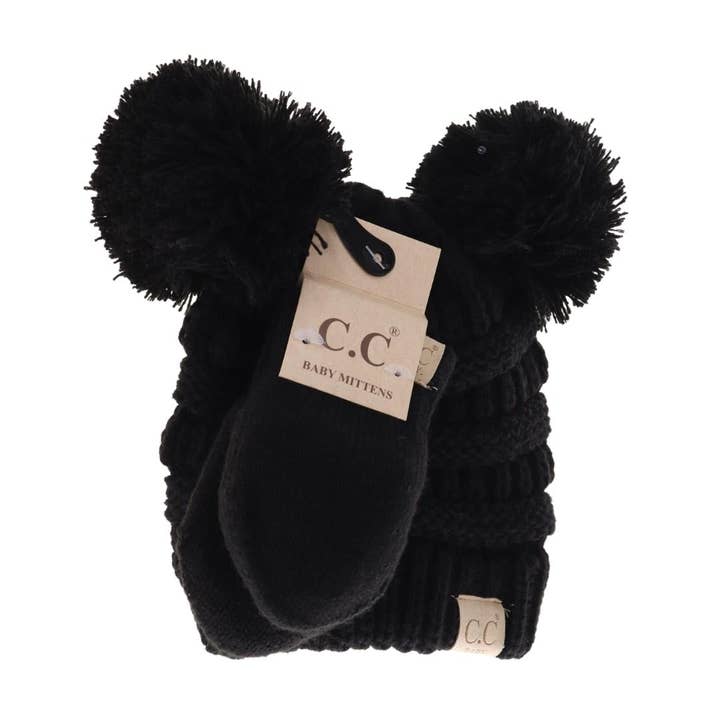 C.C Beanie - Wholesale Beanie - Kids - BABY Solid Knit Double Pom C.C Beanie with Mitten SET BABYSE