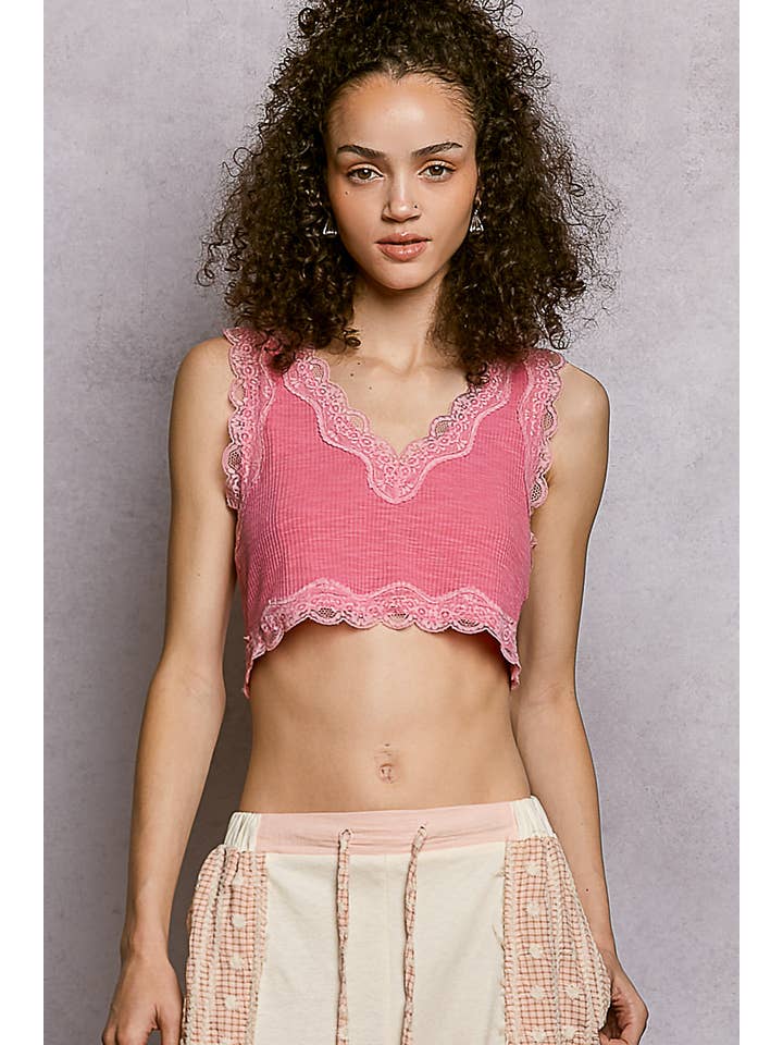 Pol Clothing - Wholesale Tank Top - Women's - Lace Trim Ribbed V Neck Summer Sleeveless Crop Top39