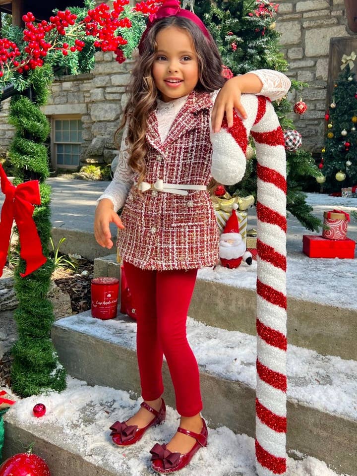 Burgundy Frosty & Chic White Lace Top, Vest, Belt & Legging Set for wholesale on Faire