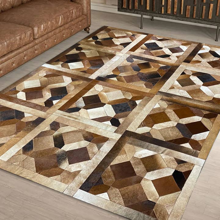 Brown Leather Cowhide Patchwork Home Decor Boho Rug for wholesale by Rosoc Rug