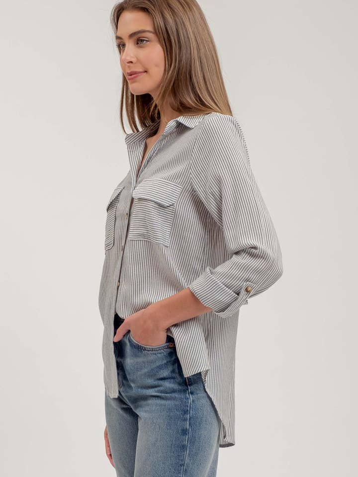 Blu Pepper - Wholesale Blouse - Women's - STRIPED COLLARED BUTTON DOWN WITH POCKETS