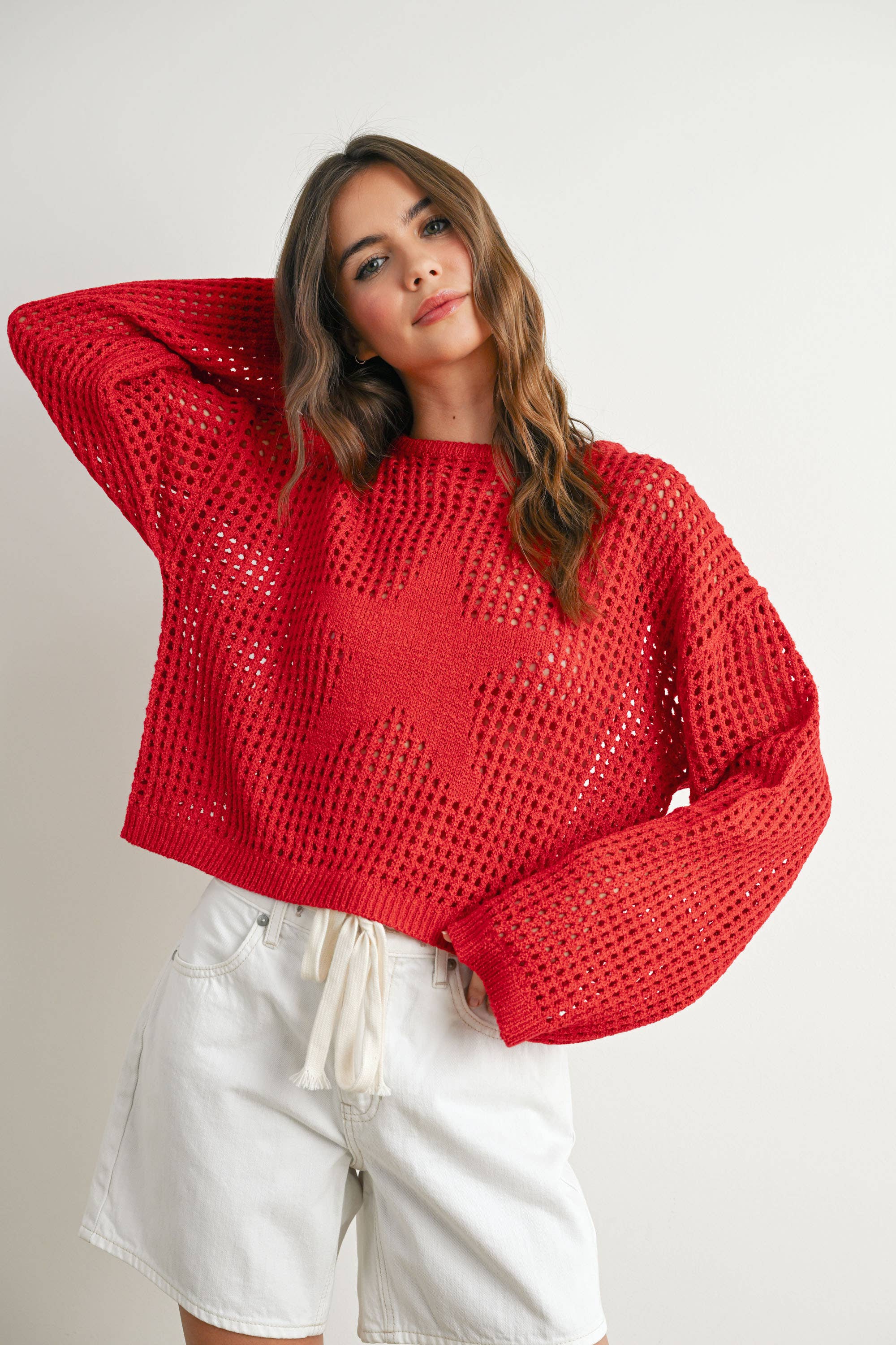 BUTTERMELON - Wholesale Knit Sweater - Women's - Crew Neck Crochet Sweater - BMW763311