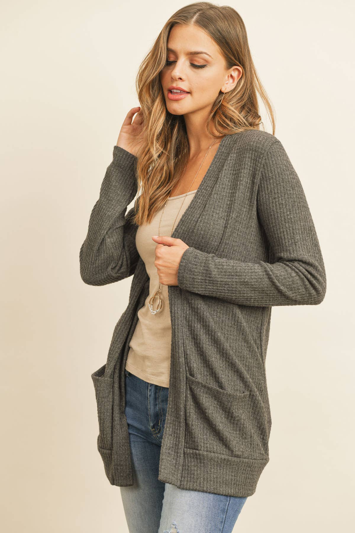 You & Me - Wholesale Cardigan - Women's - PLUS SIZE BRUSHED WAFFLE LONG SLEEVE SIDE POCKET OPEN FRONT11