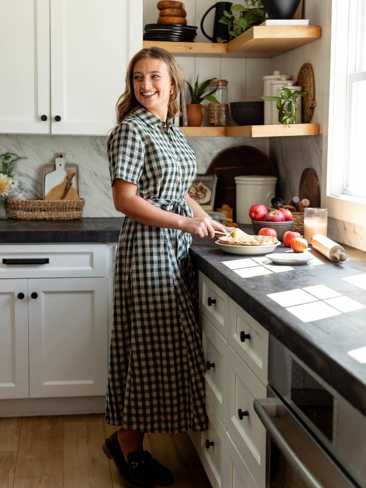 Light Tan 'Mae' Green Gingham A-Line Cotton Shirtdress FINAL SALE for wholesale on Faire5