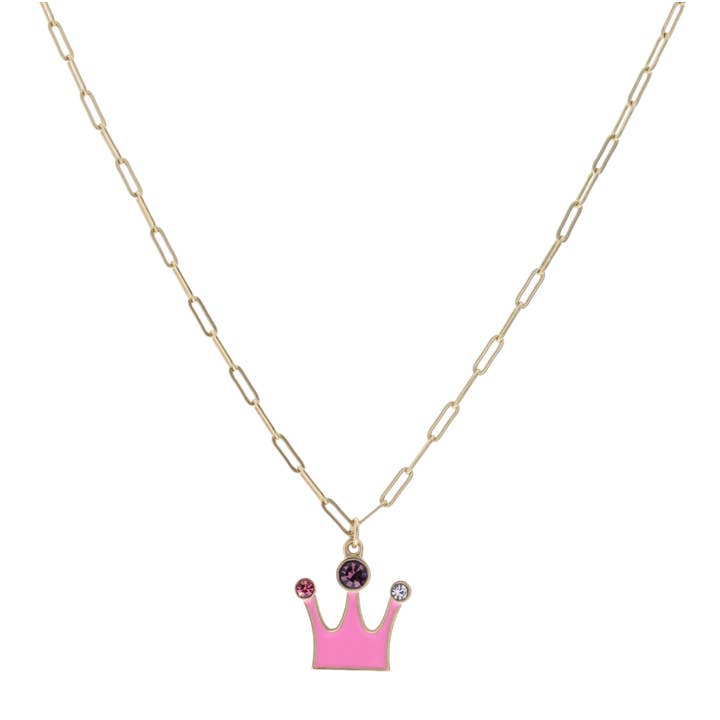Kids 14" Pink Crown with Multi Crystals Necklace for wholesale by Jane Marie