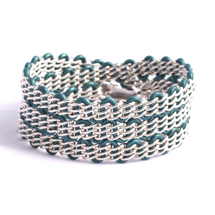 Solid Design Studios - Wholesale Link & Chain Bracelet - Braemar Wrap Bracelet — Sterling Silver Chain on Metallic Teal Leather0