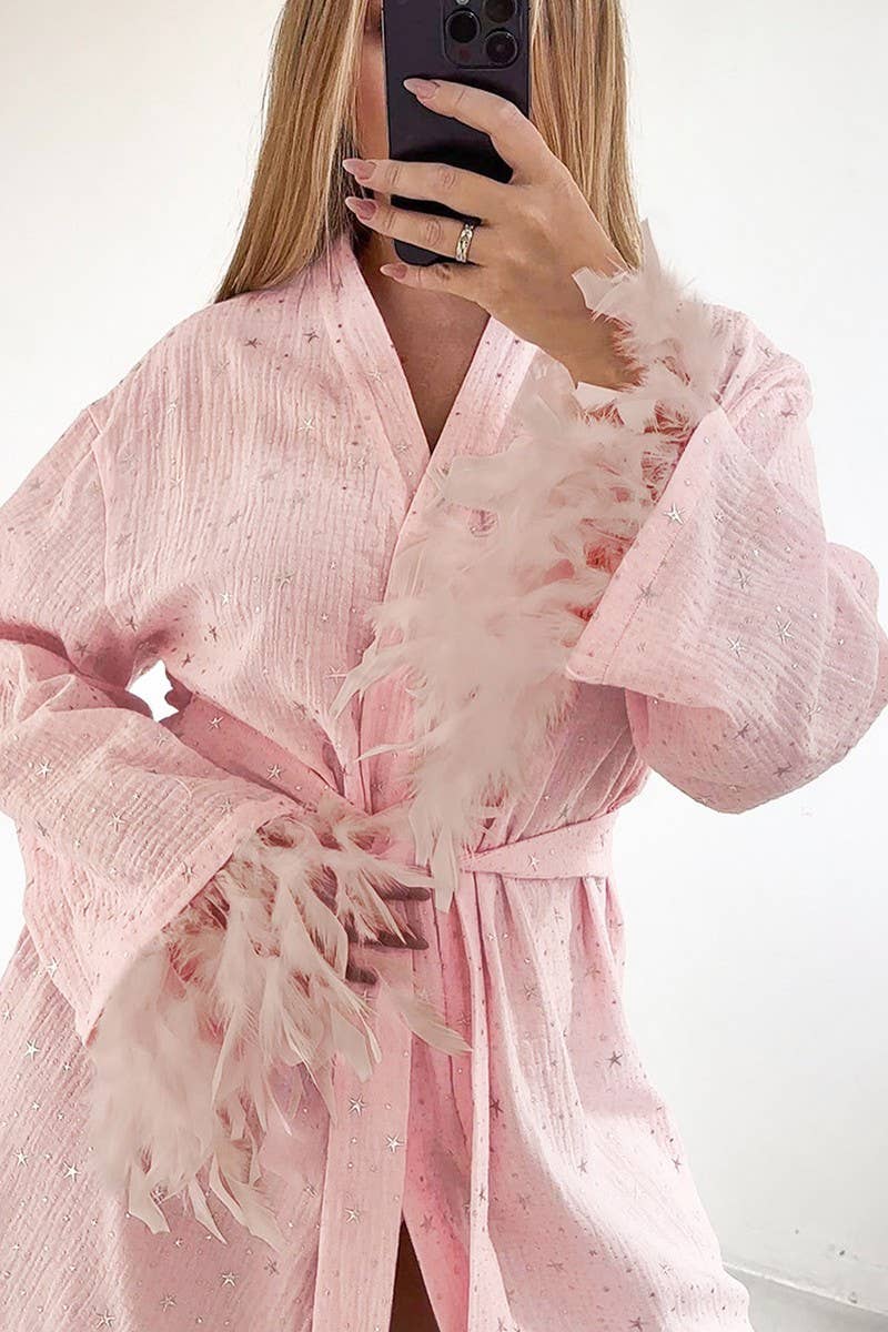 ROSE CWSPJ0393_NUISSETTE EN COTON AVEC PATCHWORK DE STRASS ET PLUMES en vente sur Faire2